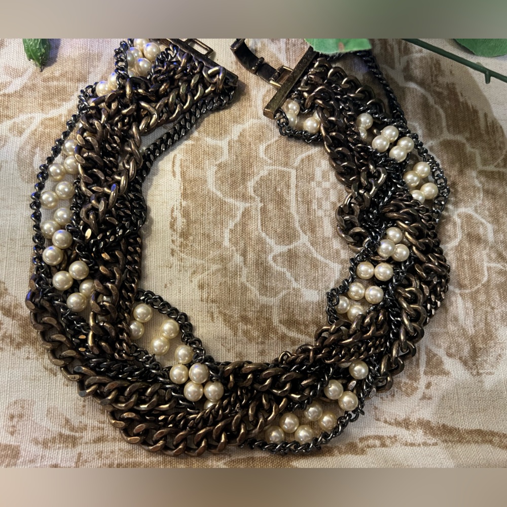 J Crew Art Deco  Bronze and Pearl braided  Statement Necklace